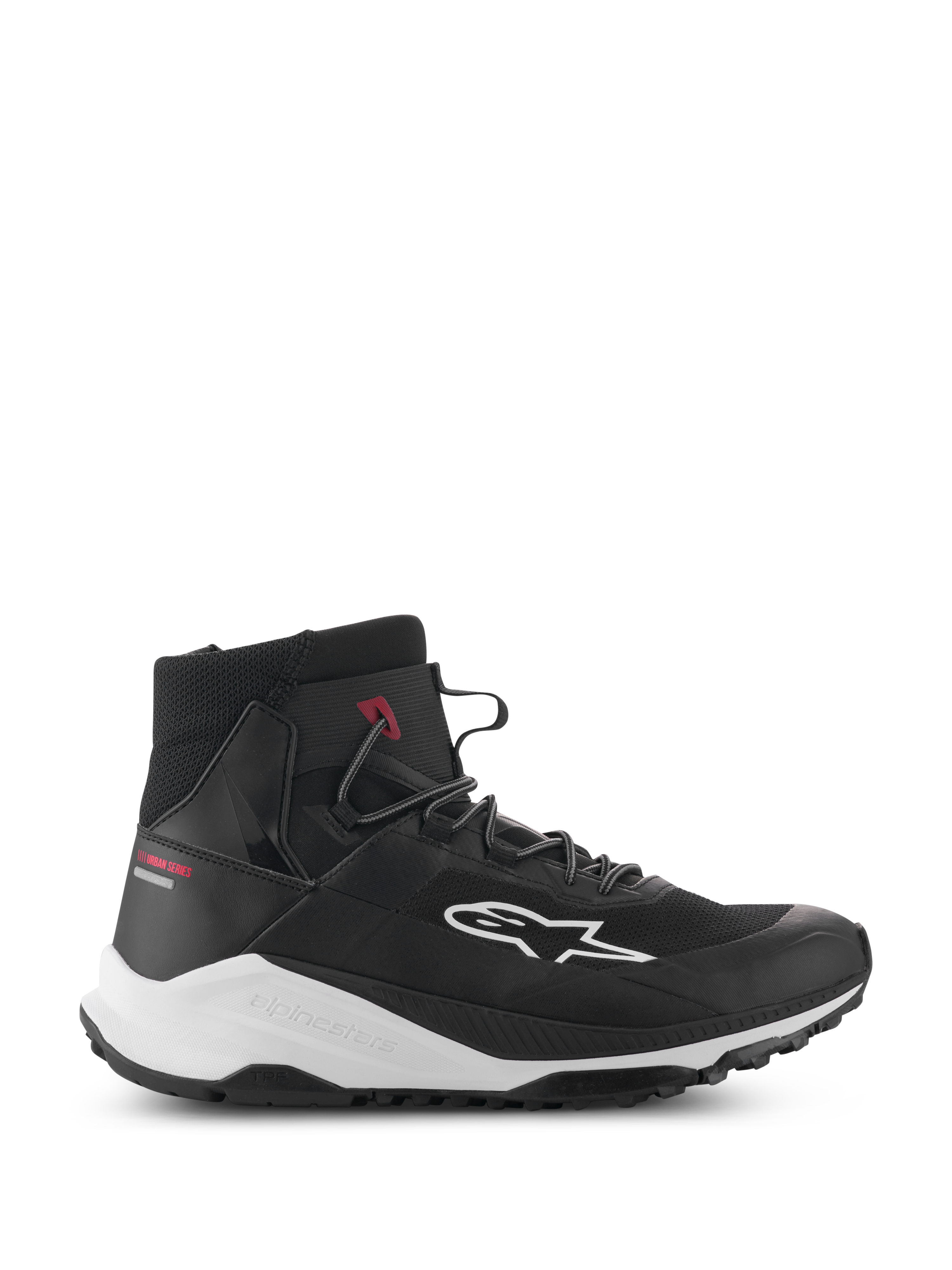Alpinestars Speedforce XR Shoes, Black and White High-Top Motorcycle Sneakers, Urban Riding Footwear, Side Profile with Mesh Textile Upper, White Side Logo, Thick White Midsole with Alpinestars Branding, and Red Urban Series Text on the Heel