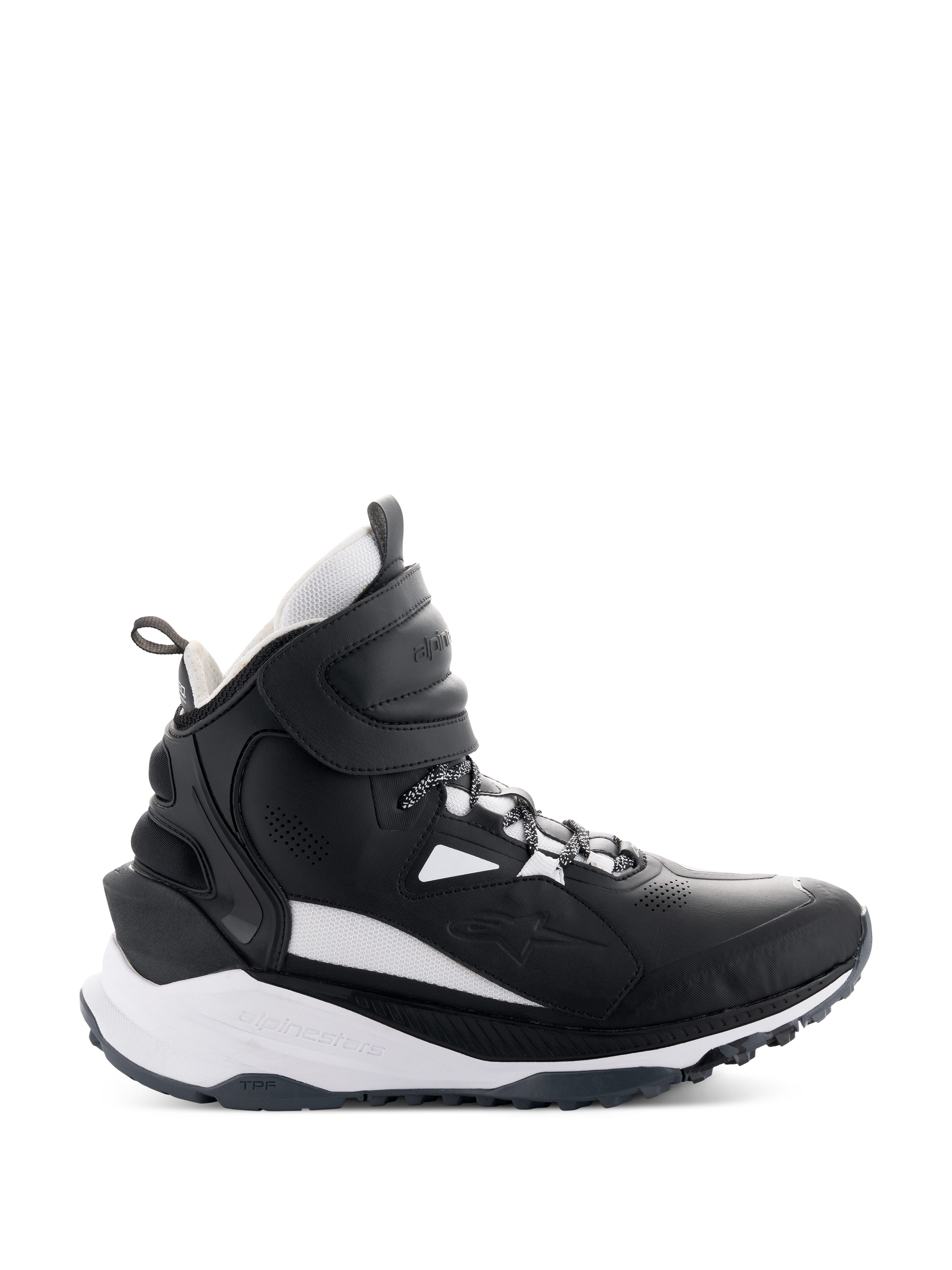 Alpinestars Speedstreet Shoes, high-top motorcycle sneakers, black and white, side view featuring a large hook-and-loop ankle strap, thick white midsole with Alpinestars and TPF branding, and rugged rubber outsole for urban riding.