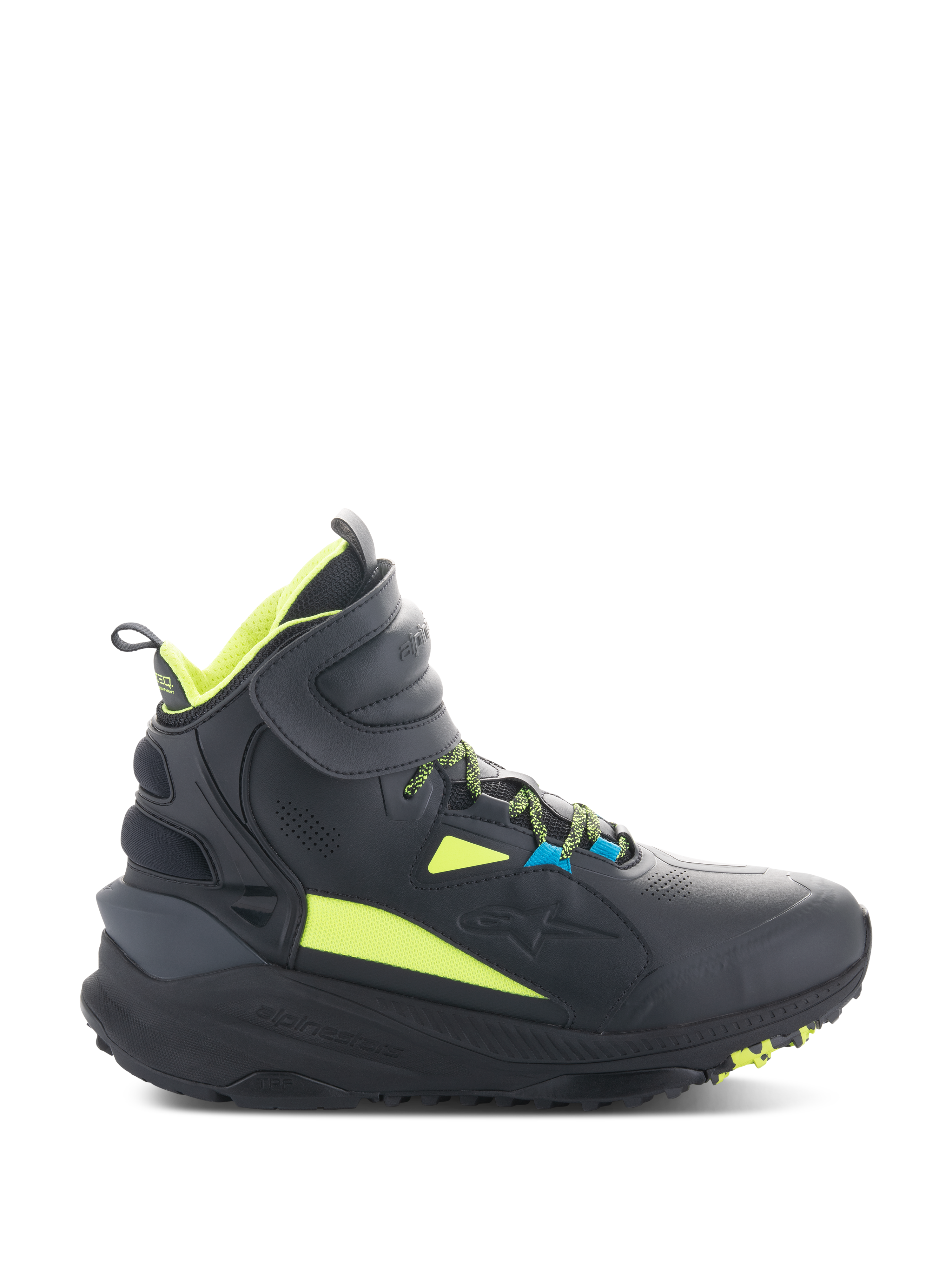 Alpinestars Speedstreet Shoes, Black High-Top Motorcycle Sneakers with Neon Lime and Blue Accents, Featuring a Thick Textured Sole, Padded Collar, and Modern Sporty Design for Urban Riding