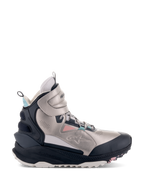 Alpinestars Speedstreet Shoes, High-Top Motorcycle Riding Shoes, Ecru, Coral, Black, and Aqua, metallic silver-toned microfiber upper with black protective panels, coral pink and aqua blue accents, chunky sole with TPF branding, urban streetwear design