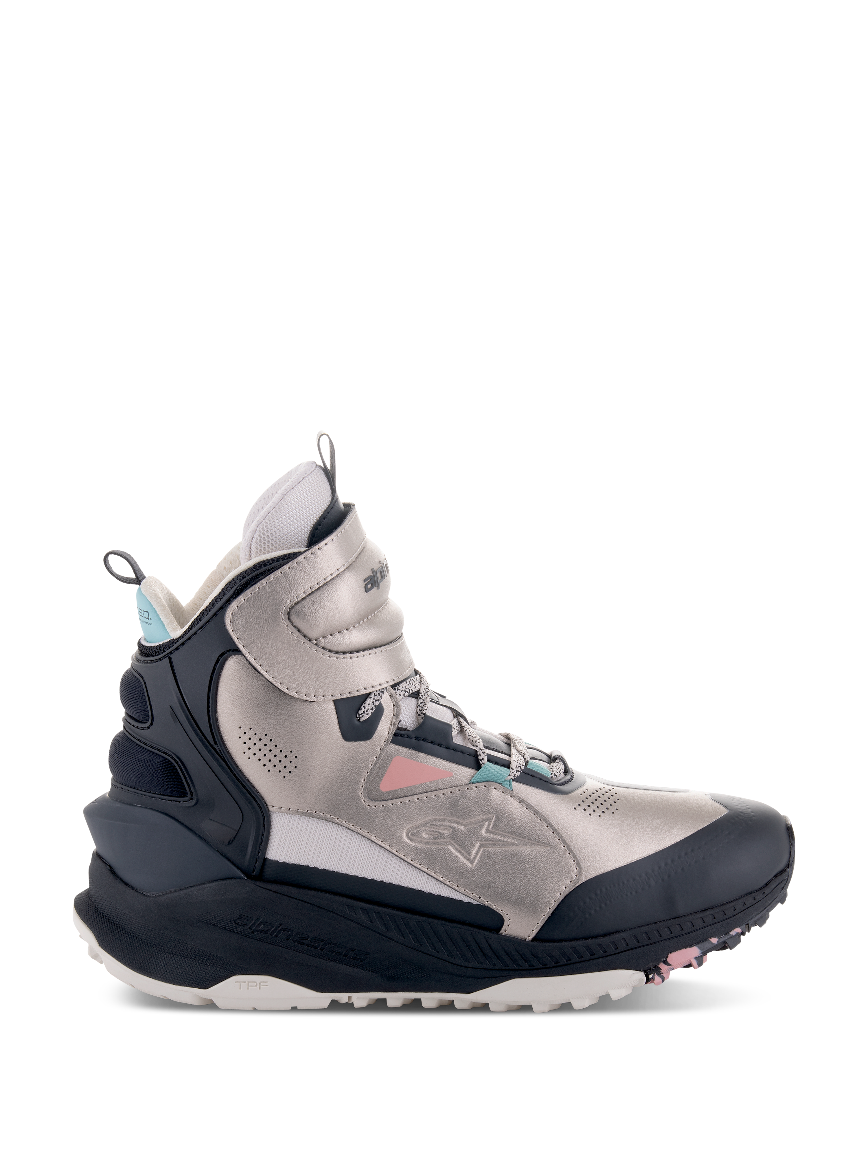 Alpinestars Speedstreet Shoes, High-Top Motorcycle Riding Shoes, Ecru, Coral, Black, and Aqua, metallic silver-toned microfiber upper with black protective panels, coral pink and aqua blue accents, chunky sole with TPF branding, urban streetwear design