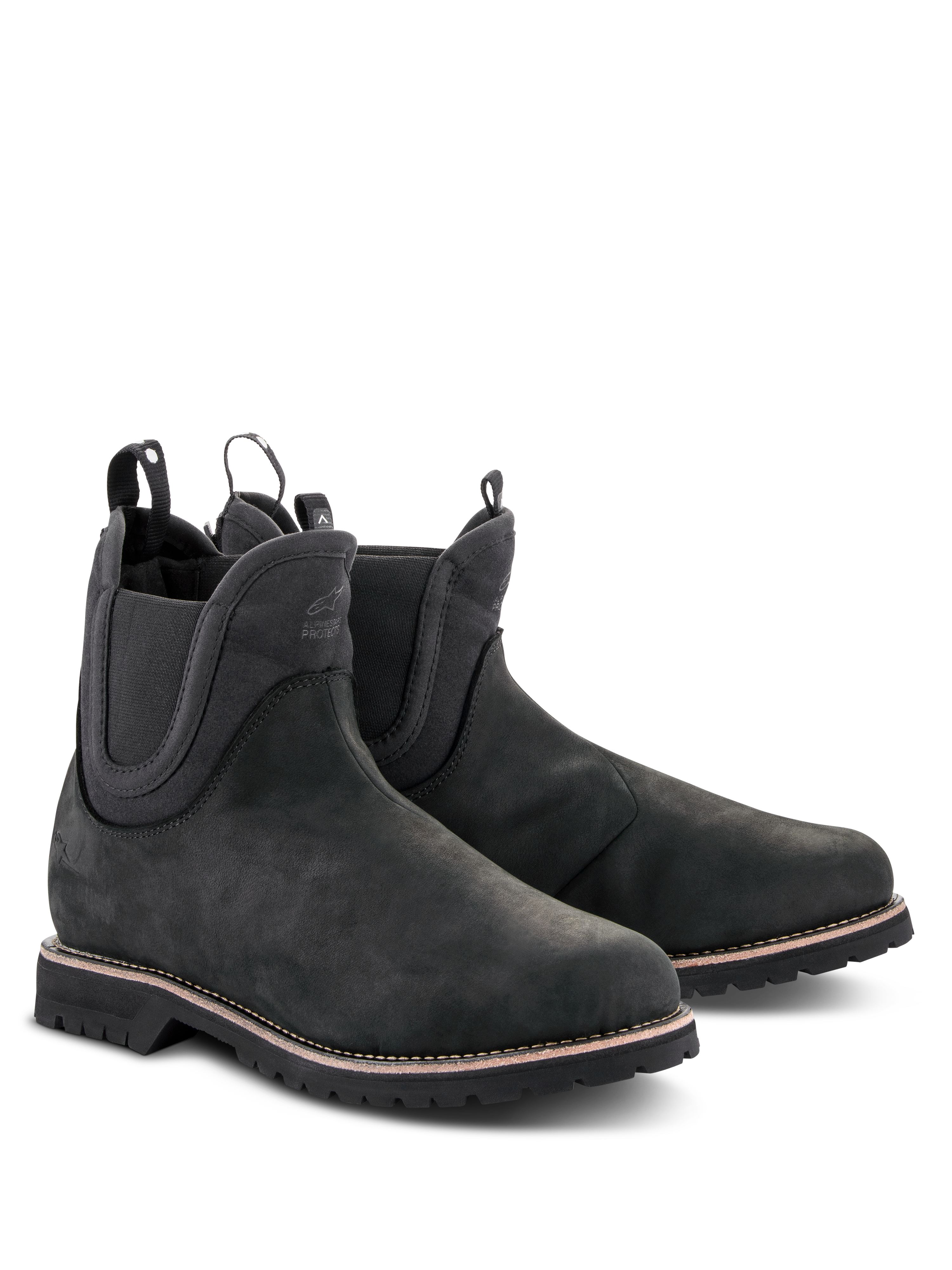 Alpinestars Turnstone Shoes, Black Chelsea-style Motorcycle Boots, matte bovine leather upper with elastic side panels and rear pull tabs, urban riding footwear featuring a rugged lugged sole with white welt stitching