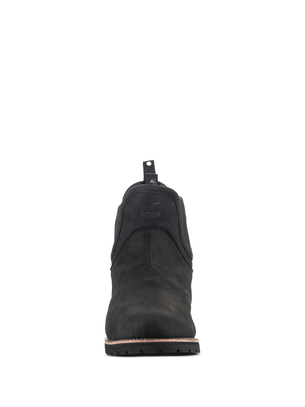 Alpinestars Turnstone Shoes, Urban Motorcycle Riding Shoes, Black Black, front view of a Chelsea-style bovine leather boot, featuring an embossed logo on the front and a rear pull tab.