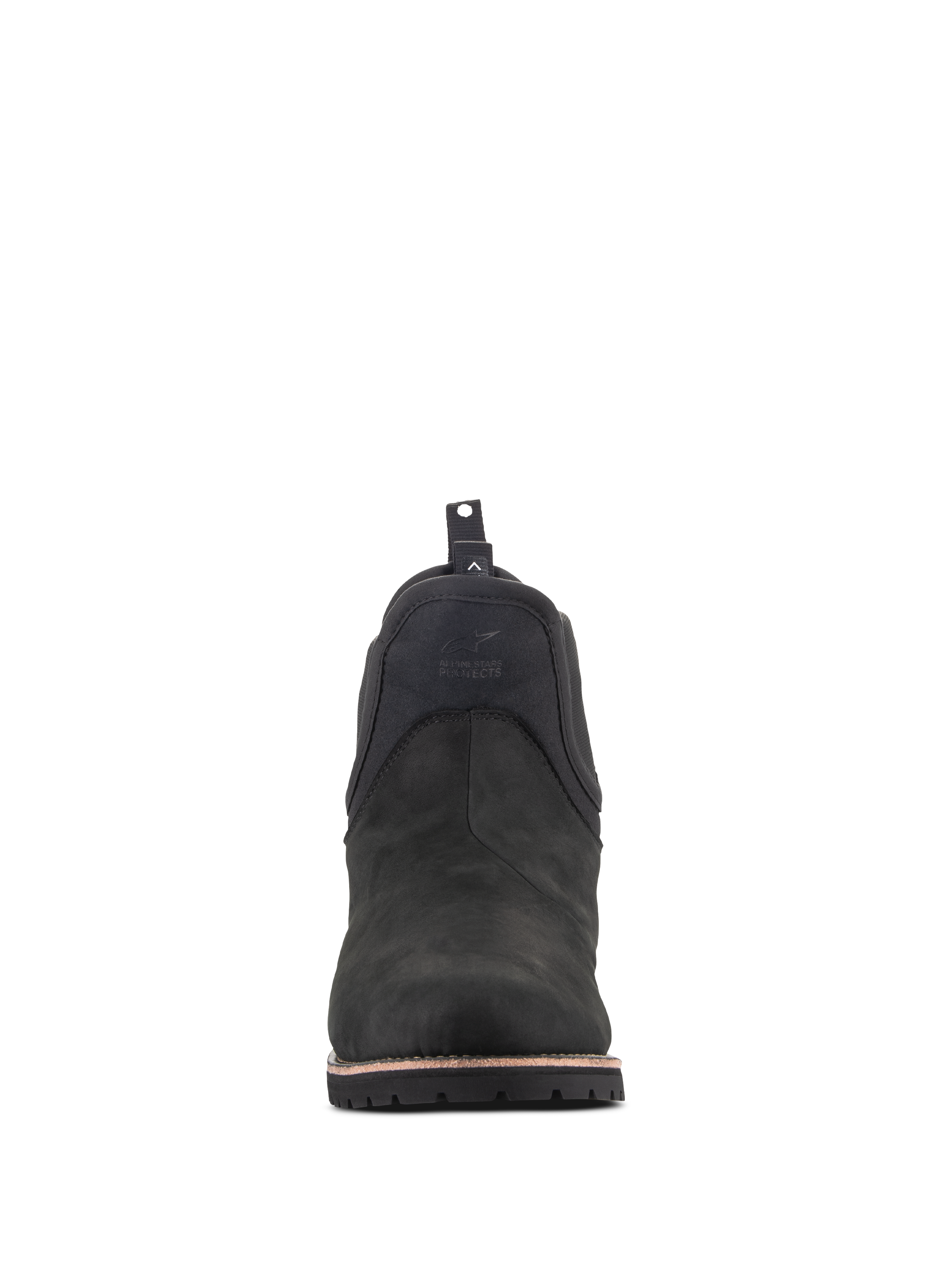 Alpinestars Turnstone Shoes, Urban Motorcycle Riding Shoes, Black Black, front view of a Chelsea-style bovine leather boot, featuring an embossed logo on the front and a rear pull tab.