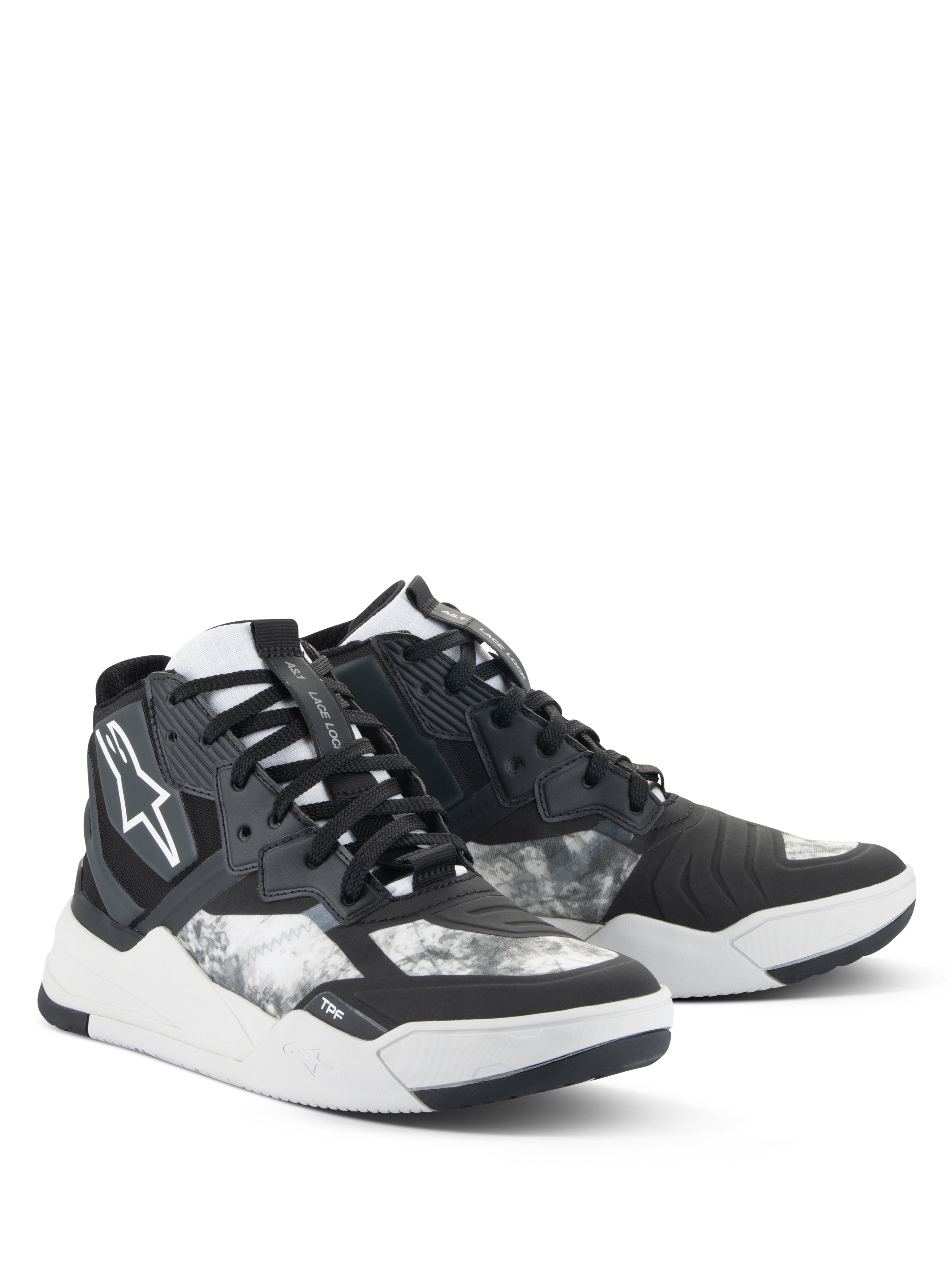 Alpinestars Speedflight Shoes, Motorcycle Riding Shoes, Black Gray and White, featuring a marbled pattern, high-top sneaker design with reinforced panels, white Alpinestars logo, and durable rubber sole