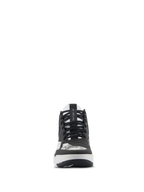 Alpinestars Speedflight Shoes, Motorcycle Riding Shoes, Black Gray and White, front view featuring black laces, AS1 Lace Lock strap on the tongue, and integrated shift pad, street-styled performance footwear.