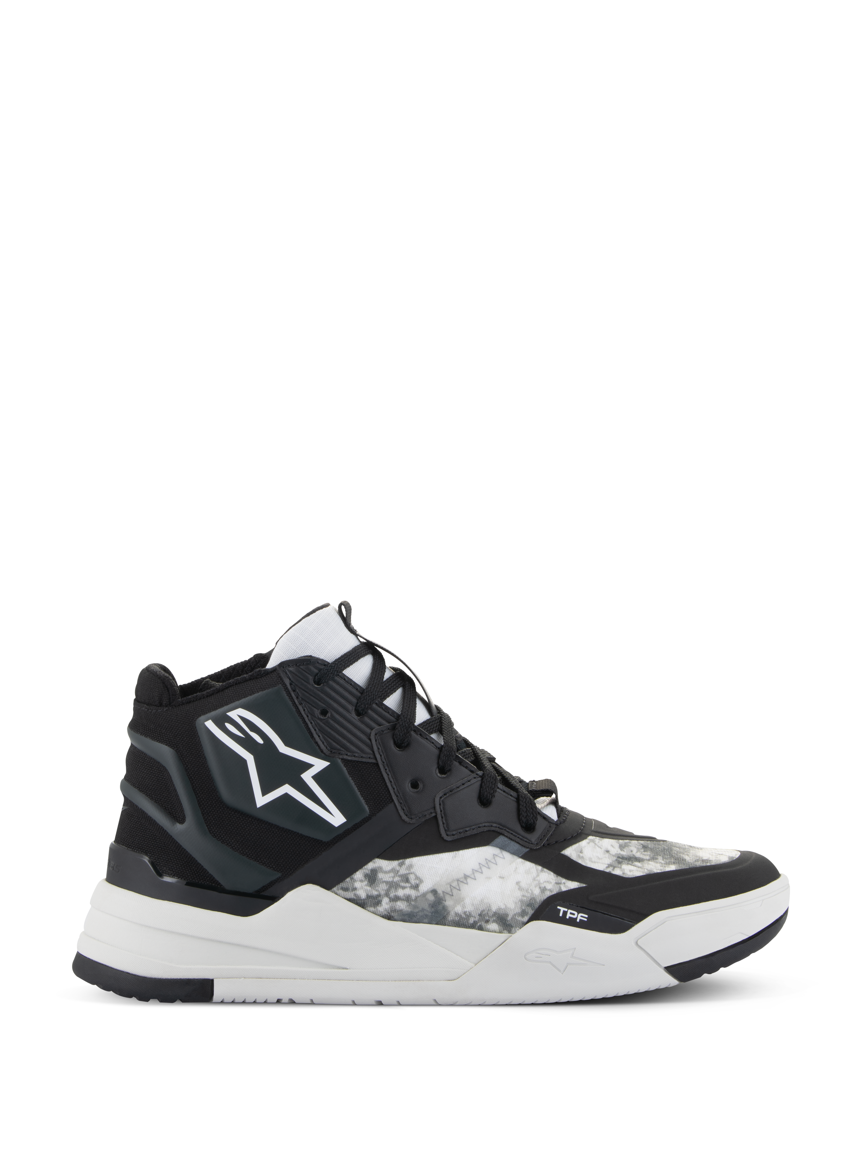 Alpinestars Speedflight Shoes, High-Top Performance Riding Sneakers, Black Gray and White, featuring a white star logo, textured ripstop pattern on side panels, and a thick white geometric sole with TPF branding