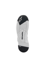 Alpinestars Speedflight Shoes, Motorcycle Riding Shoes, Black and White, bottom view of the sole featuring dual-density rubber, Alpinestars branding, and TPF Transversal Protection Frame logo, engineered tread pattern for grip