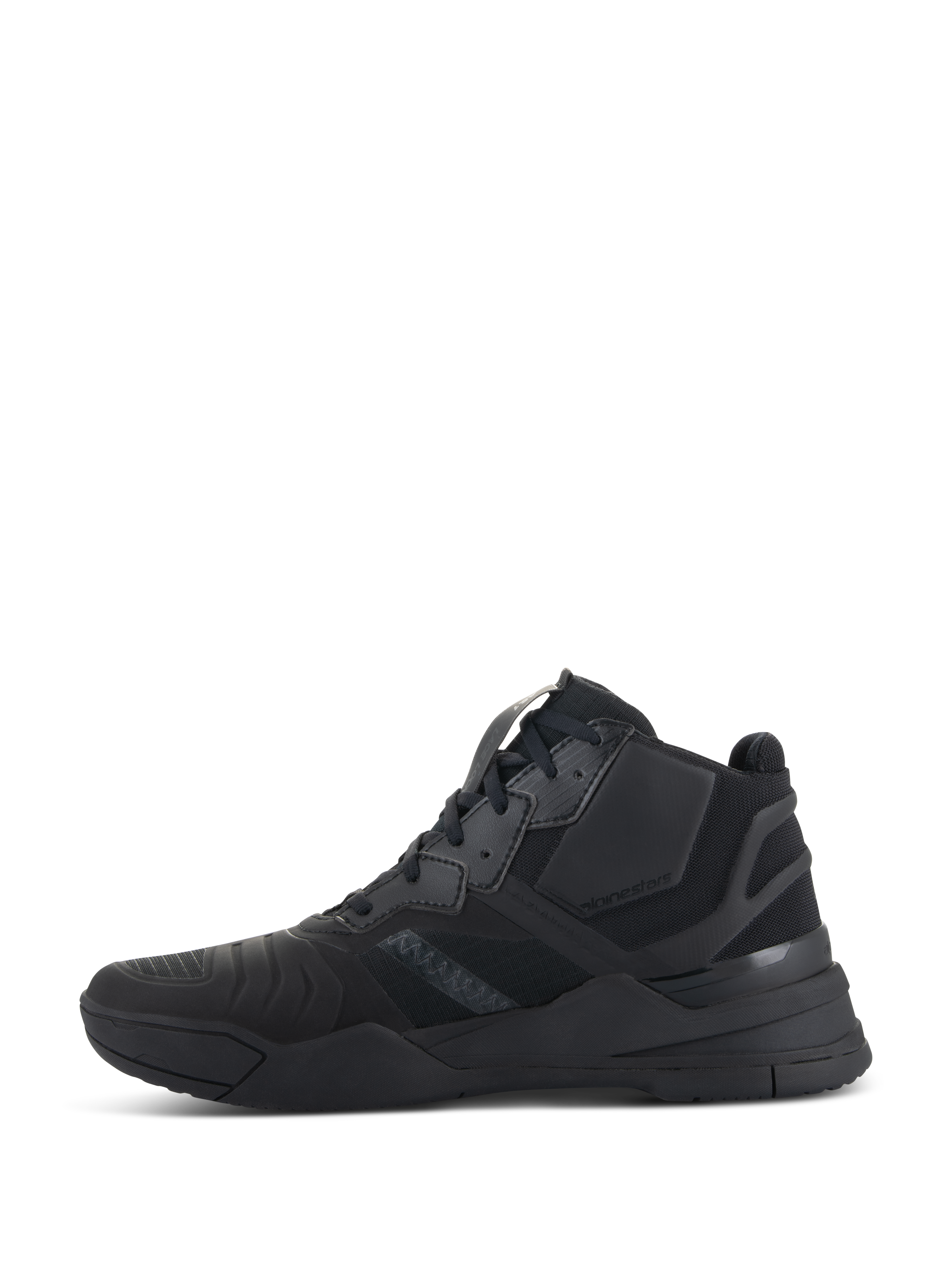 Alpinestars Speedflight Shoes, Black Black, Side profile of performance motorcycle riding shoes, mid-top sneaker-inspired design with ripstop upper and seamless reinforcement panels, durable all-black athletic silhouette