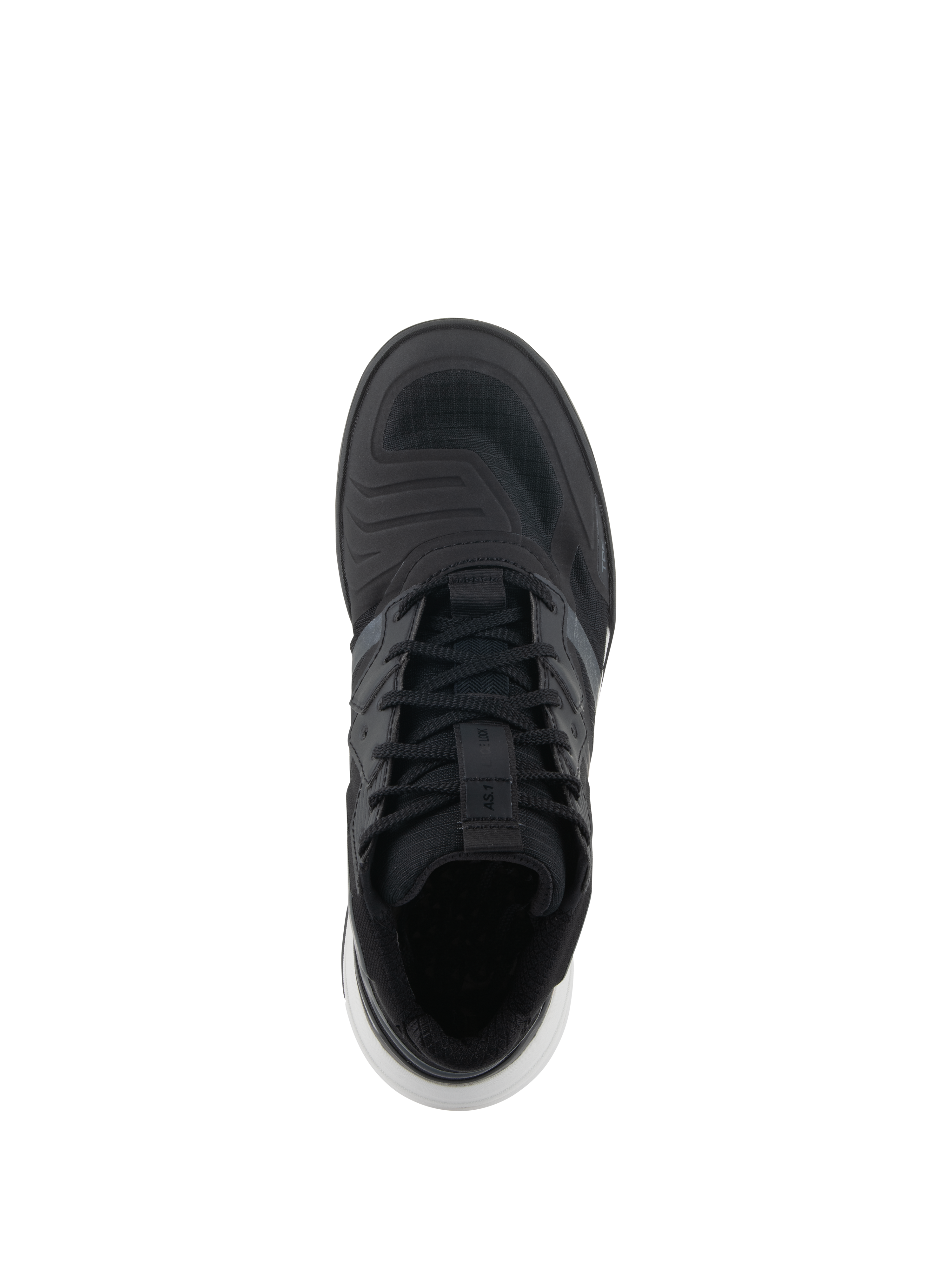 Alpinestars Speedflight Shoes, Performance Riding Shoes, Black and White, top-down view showing the ripstop upper, laces with lace loop strap, and white sole accents, street-styled motorcycling sneaker