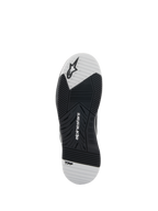 Alpinestars Speedflight Shoes, Black and White, outsole view showing the dual-density rubber sole, features Alpinestars logo and TPF branding, asymmetric tread pattern for motorcycle riding grip and stability