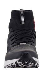 Alpinestars Speedforce Shoes, Motorcycle Riding Shoes, Black White and Red, front-facing view showing running shoe silhouette, MATRYX upper, high-cut design, and patterned outsole