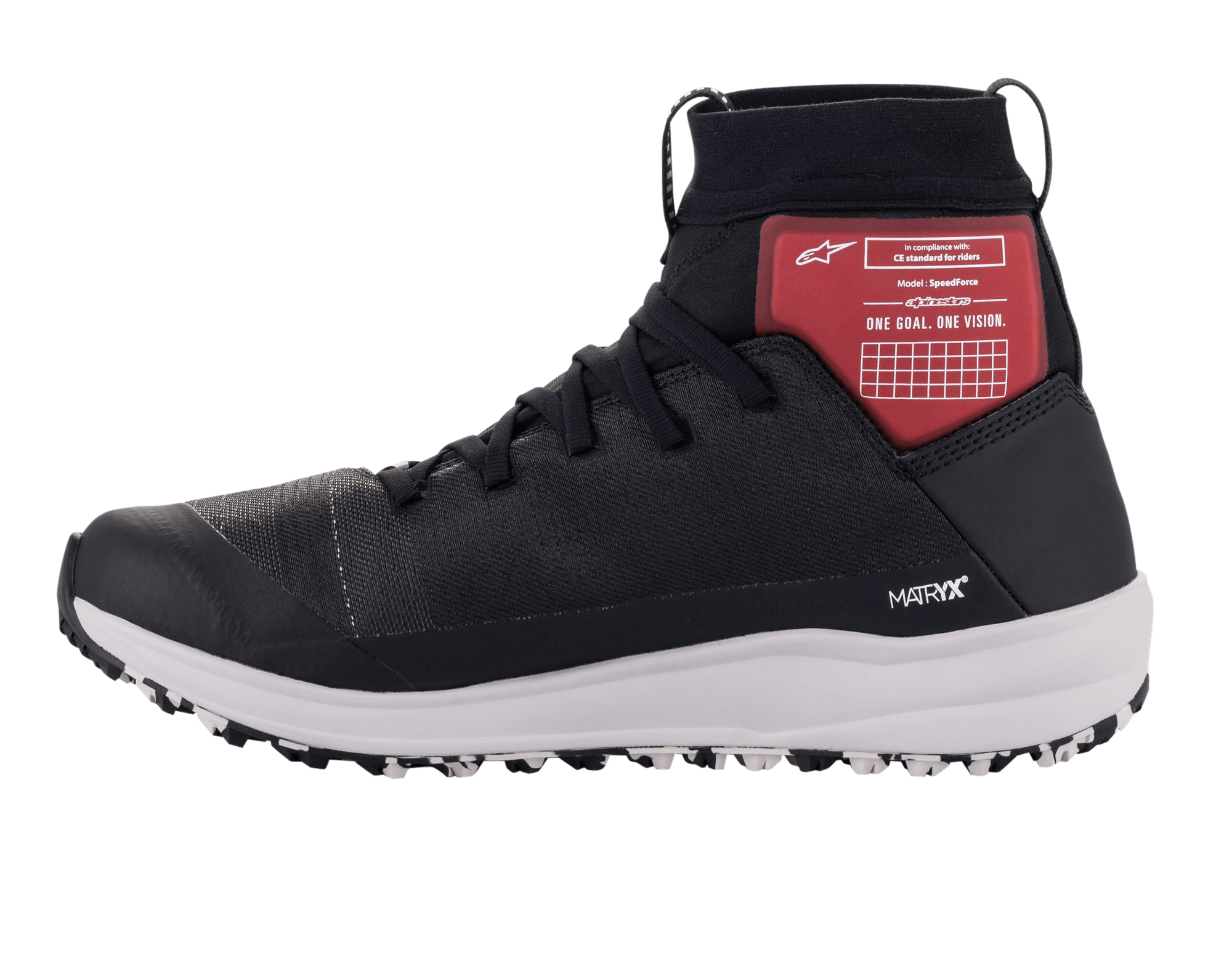 Alpinestars Speedforce Shoes, Motorcycle Riding Shoes, Black White and Red, featuring MATRYX textile upper, high-cut ankle protection with red graphic panel, white athletic midsole, running shoe inspired silhouette for urban riding
