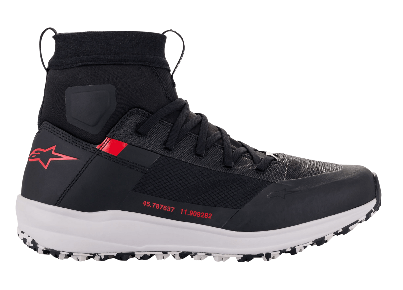 Alpinestars Speedforce Shoes, Motorcycle Riding Shoes, Black White and Red, side profile view, high-cut running shoe silhouette with MATRYX® textile upper, white midsole, red star logo on the heel and red numerical coordinates on the side, urban protective footwear