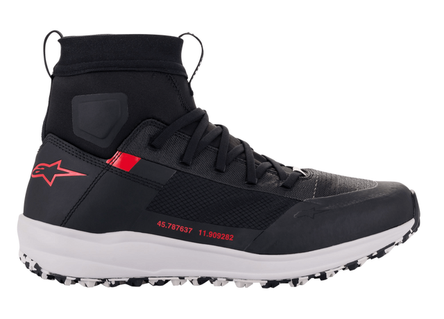 Alpinestars Speedforce Shoes, Motorcycle Riding Shoes, Black White and Red, side profile view, high-cut running shoe silhouette with MATRYX® textile upper, white midsole, red star logo on the heel and red numerical coordinates on the side, urban protective footwear