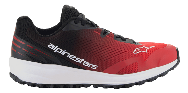 Alpinestars Meta Road V2 Shoes, Sportswear Shoes, Red Black and White, side profile view with a breathable mesh upper, white midsole, black outsole, and bold Alpinestars branding on the side