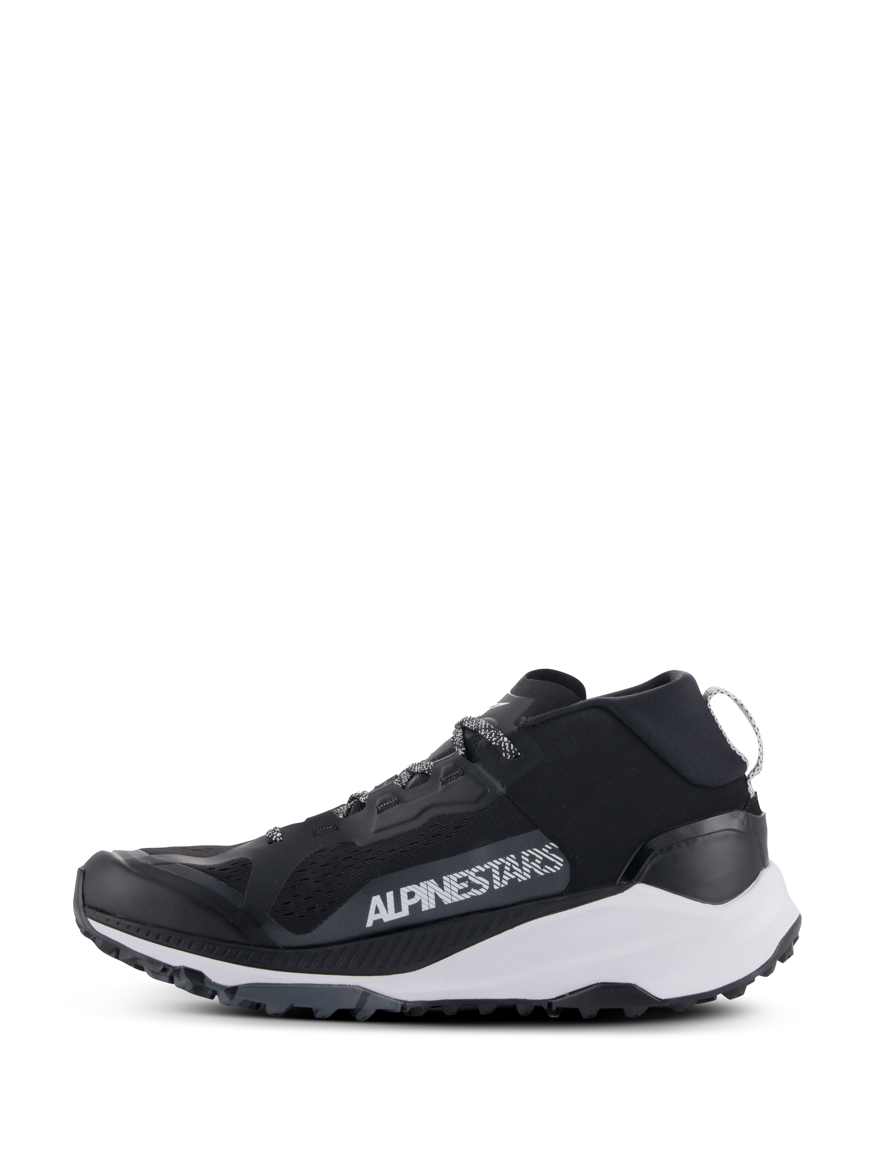 Alpinestars Meta XR V2 Shoes, sportswear shoes, Black White and Dark Gray, side profile featuring mesh upper, white midsole, and rugged outsole, bold white Alpinestars branding on the side panel.