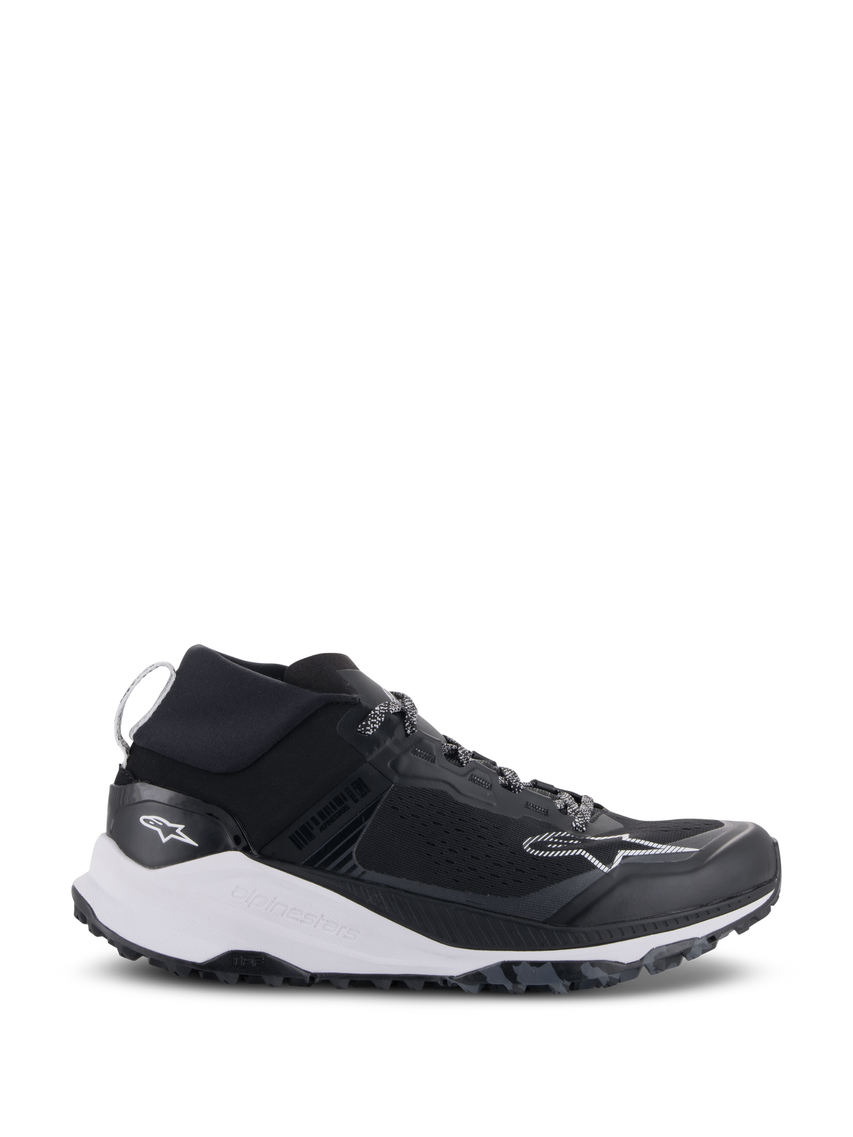 Alpinestars Meta XR V2 Shoes, Sportswear Shoes, Black and White, technical mesh upper with a chunky white midsole and rugged dark gray outsole, sport-casual design with elastic collar and Alpinestars branding