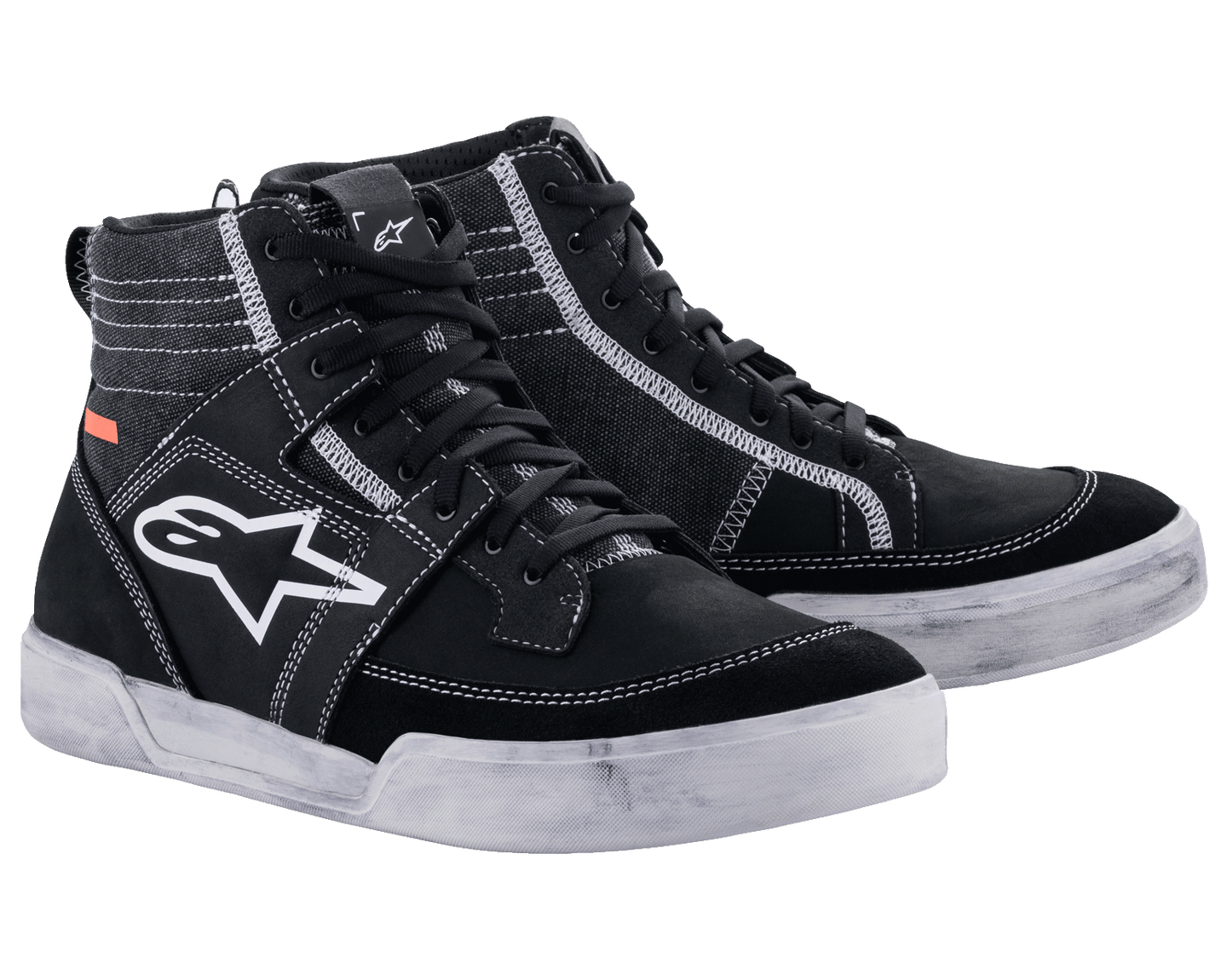 Alpinestars Ageless Riding Shoes, Urban Motorcycle Footwear, Black with white contrast stitching and soles, high-top sneaker silhouette featuring a large white star logo on the side, casual protective gear for road riding