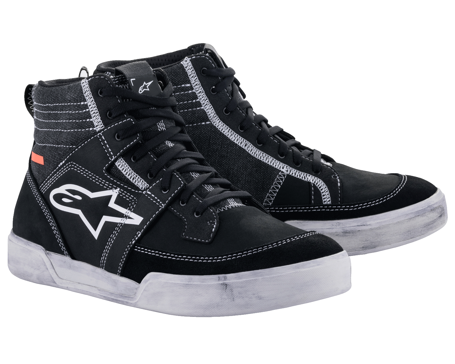 Alpinestars Ageless Riding Shoes, Urban Motorcycle Footwear, Black with white contrast stitching and soles, high-top sneaker silhouette featuring a large white star logo on the side, casual protective gear for road riding