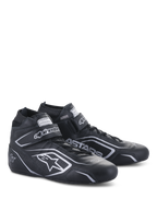 Alpinestars Tech-1 T V3 Shoes FIA, Auto Racing Shoes, Black and Silver, bovine leather construction with silver Alpinestars logos and branding, side-angled view featuring hook-and-loop strap and lace-up closure