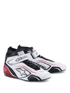 Alpinestars Tech-1 T V3 Shoes FIA, Auto Racing Footwear, White with Black and Red accents, featuring a full-grain leather upper, adjustable hook and loop ankle strap, perforated side panels with the Astars logo, and professional racing design.