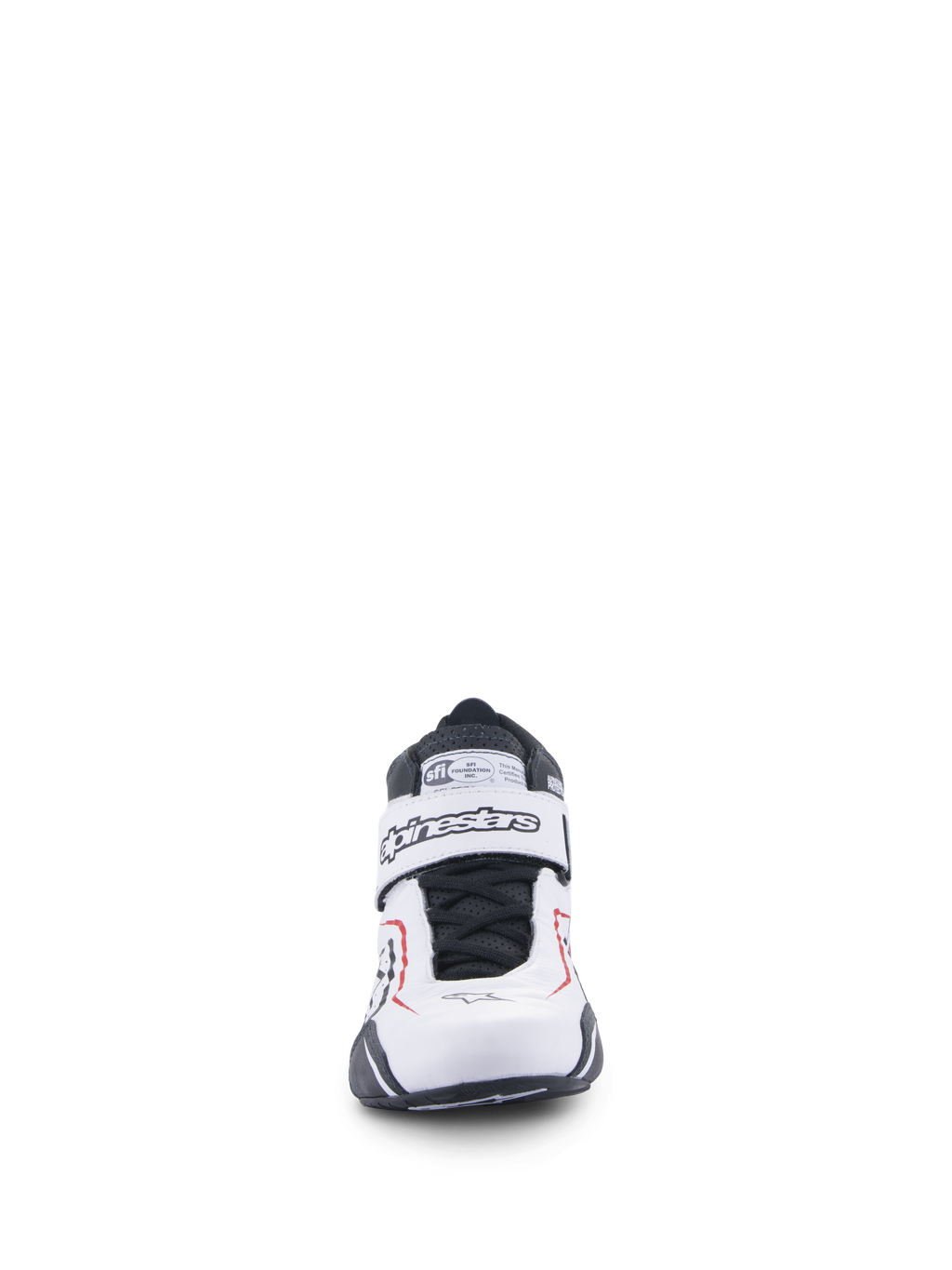 Alpinestars Tech-1 T V3 Shoes, Auto Racing Shoes, White Black and Red, front view featuring hook-and-loop closure strap with Alpinestars branding, black laces, and SFI certification tag on the tongue