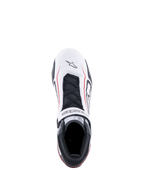 Alpinestars Tech-1 T V3 Shoes FIA, Auto Racing Shoes, White Black and Red, top-down view featuring white leather upper with red accent lines, black laces, branded hook and loop strap, and SFI certification label on the tongue