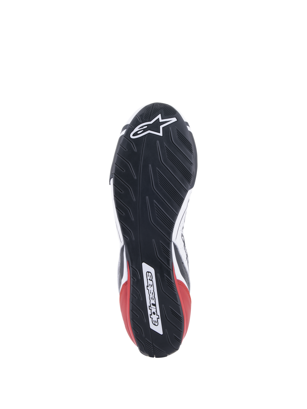 Alpinestars Tech-1 T V3 Shoes FIA, Auto Racing Shoes, White Black and Red, detailed view of the asymmetric tire-tread-inspired rubber sole, featuring the Alpinestars logo and wordmark, oil-resistant and water-repelling outsole design