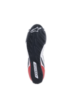 Alpinestars Tech-1 T V3 Shoes FIA, Auto Racing Shoes, White Black and Red, detailed view of the asymmetric tire-tread-inspired rubber sole, featuring the Alpinestars logo and wordmark, oil-resistant and water-repelling outsole design