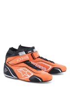 Alpinestars Tech-1 T V3 Shoes, Auto Racing Shoes, Orange Fluo Black and White, professional high-top leather footwear featuring hook and loop straps over laces, white Alpinestars logos, and black protective panels for motorsport performance.
