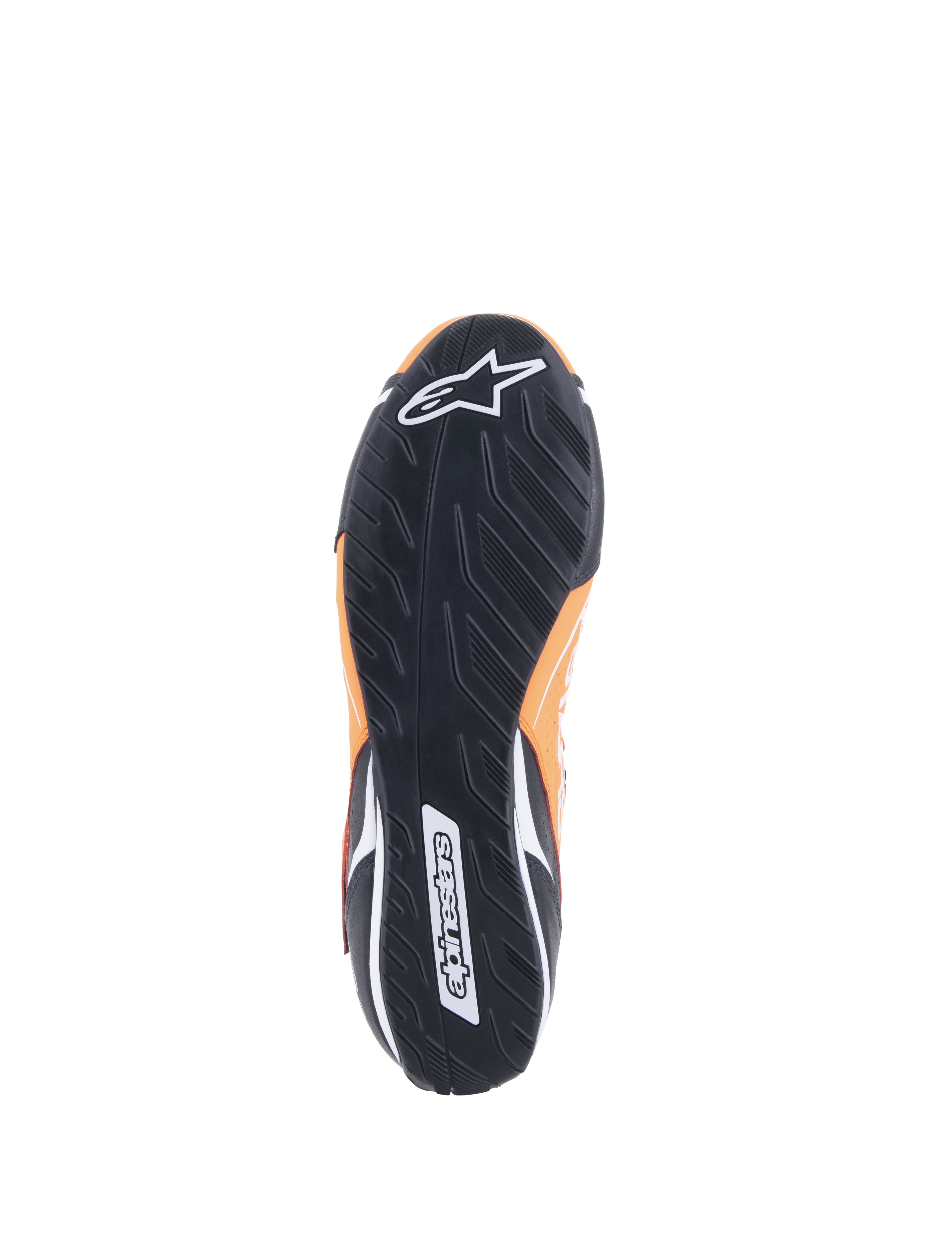 Alpinestars Tech-1 T V3 Shoes FIA, Orange Fluo Black White, bottom view showing the black rubber outsole with an asymmetric tread pattern, white Alpinestars logo on the toe and wordmark on the heel.