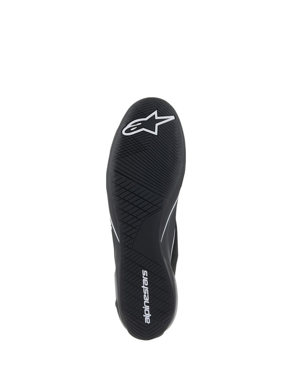 Alpinestars Supertech Shoes, Auto Racing Shoes, Black, bottom view of the ultra-thin rubber outsole with white star logo and alpinestars wordmark, featuring an asymmetric tread pattern for pedal sensitivity and grip