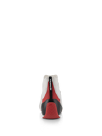 Alpinestars Supertech Shoes, Rear view of white racing shoe with red and black accents, featuring a thermo-formed carbon heel cup and white knitted upper, professional motorsport footwear designed for driver comfort and stability