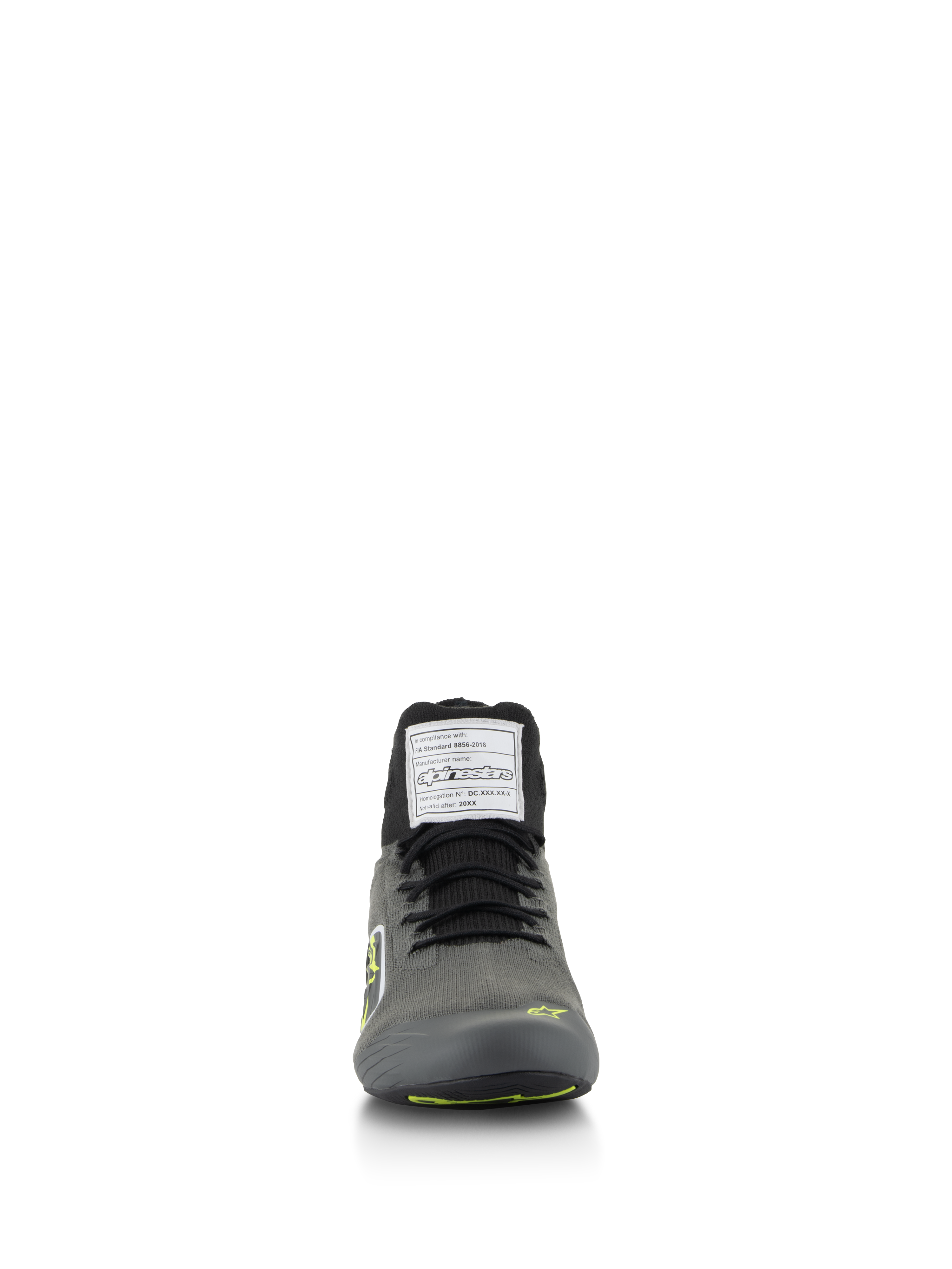 Alpinestars Supertech Shoes, Auto Racing Shoes, Cool Gray with Black and Yellow Fluo, front view featuring knitted upper and FIA certification label on the tongue