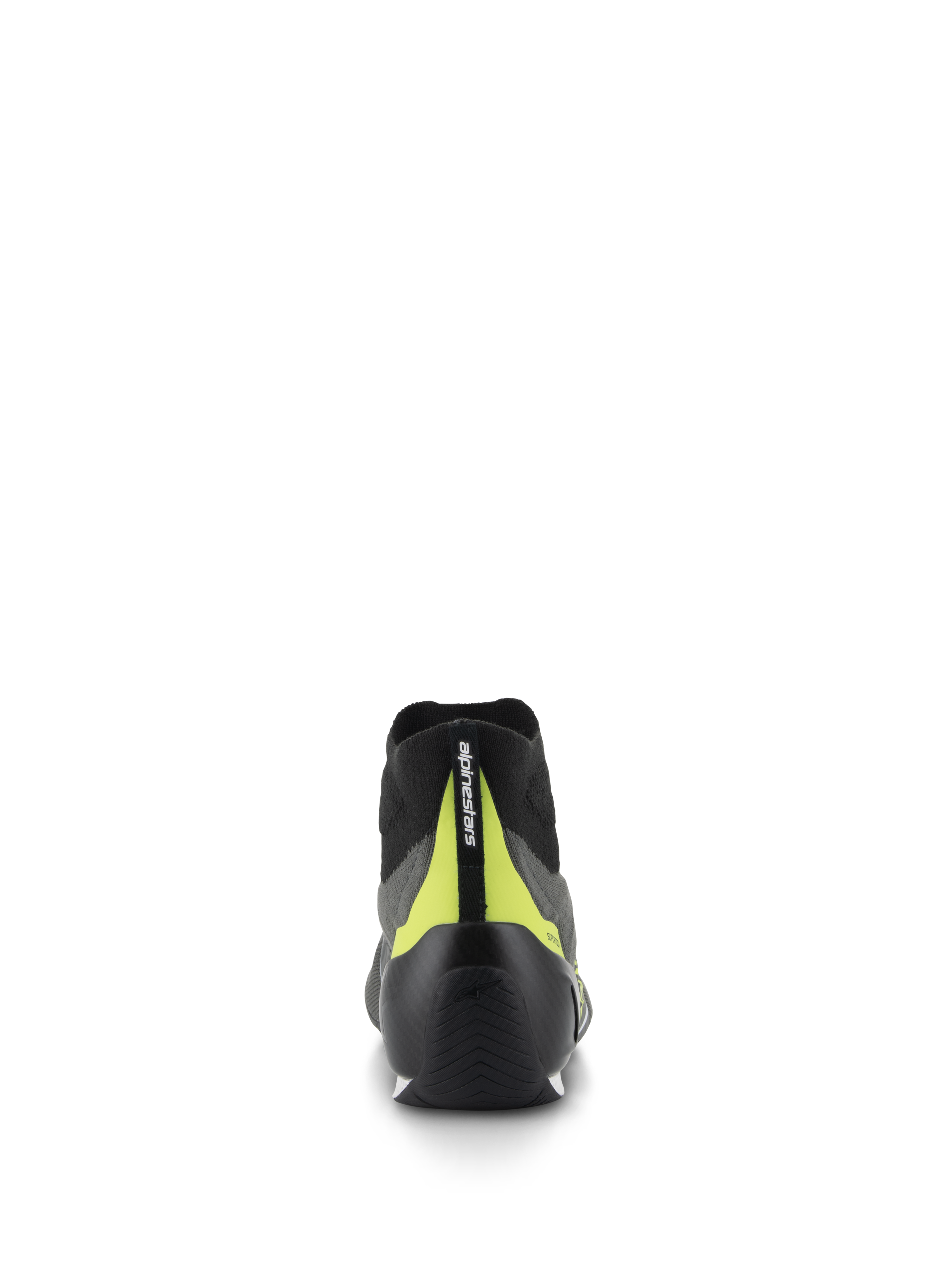 Alpinestars Supertech Shoes, Auto Racing Footwear, Gray and Black, Rear view featuring black carbon heel cup and bright fluo yellow vertical strip with branding, professional motorsport design