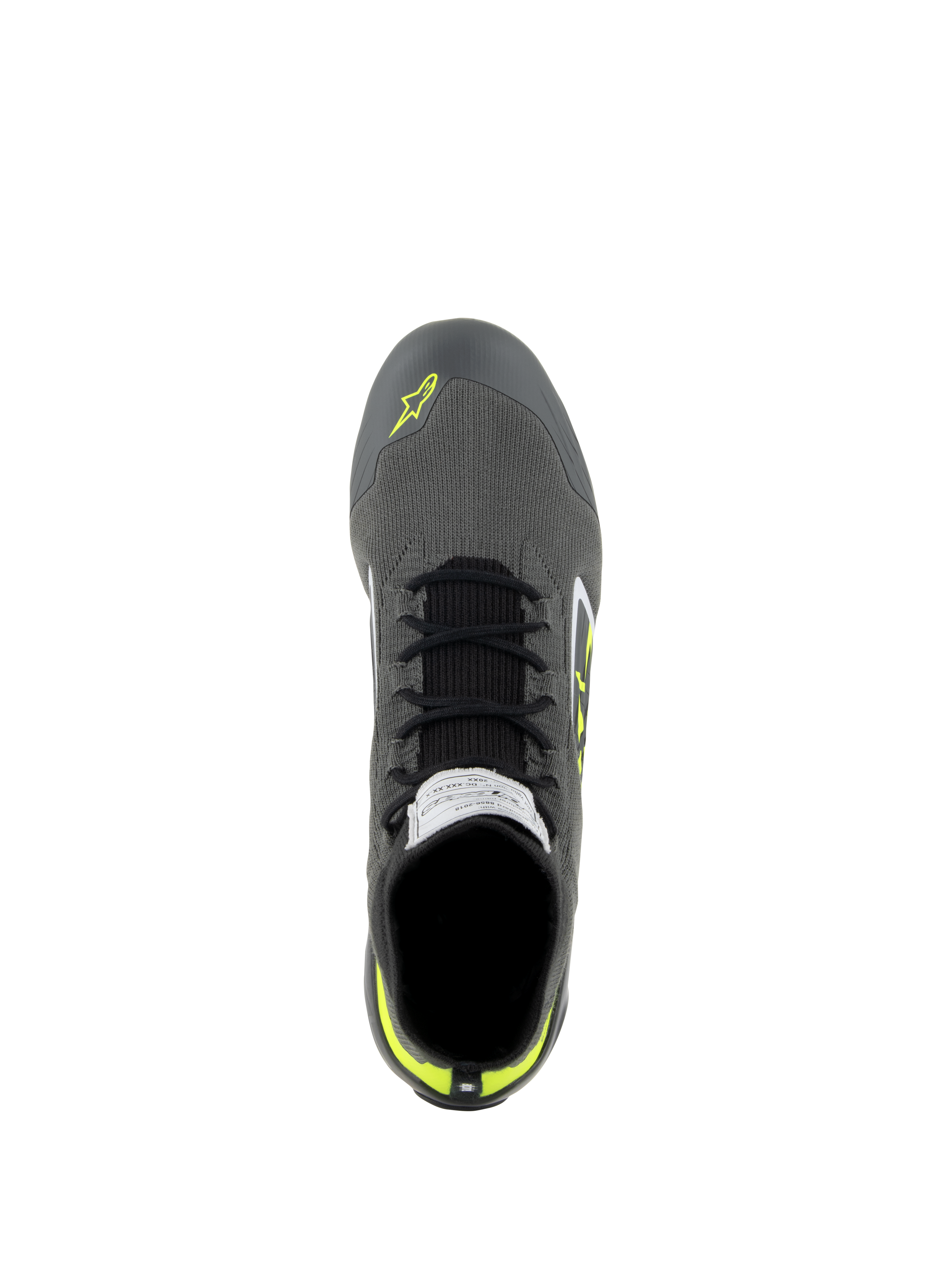 Alpinestars Supertech Shoes, Auto Racing Shoes, Cool Gray Black and Yellow Fluo, top-down view showing knitted upper, black laces, and FIA certification label on the tongue, professional driving footwear