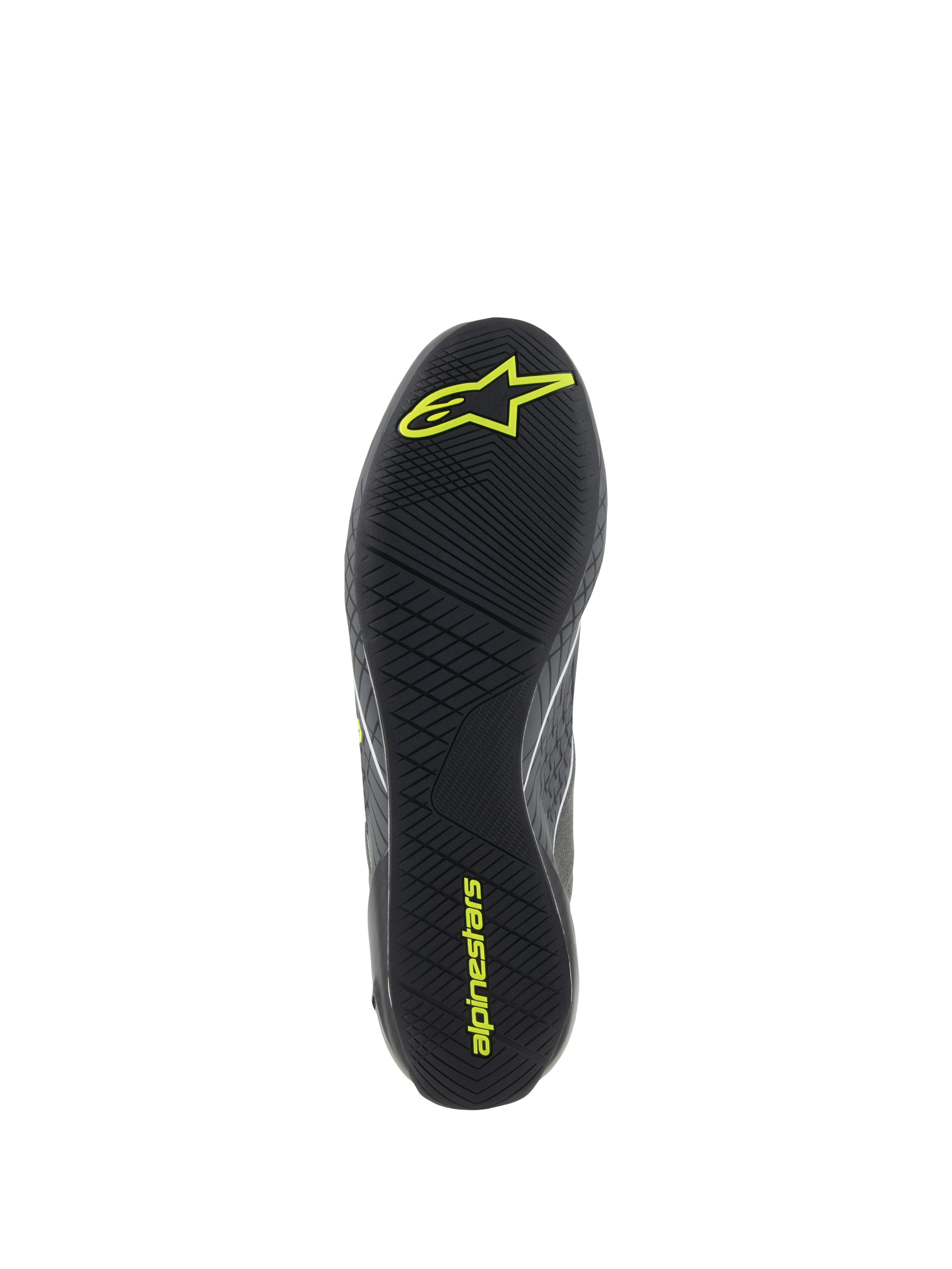 Alpinestars Supertech Shoes, Auto Racing Footwear, Cool Gray and Yellow Fluo, detailed view of the black rubber outsole with textured asymmetric tread and yellow Alpinestars logos for pedal grip and sensitivity.