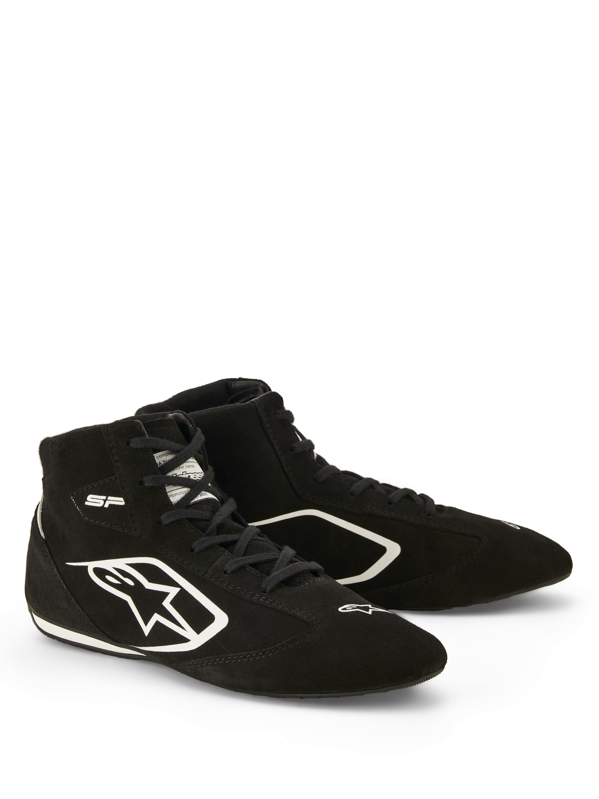 Alpinestars SP V3 Shoes FIA, Auto Racing Shoes, Black and White, premium suede construction, featuring white Astars logo on the side and thin racing-spec sole for enhanced pedal feel