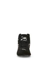Alpinestars SP V3 Shoes FIA, Auto Racing Shoes, Black and White, front view, premium suede upper with black laces, white Alpinestars logo on the toe, fire-resistant professional motorsport footwear
