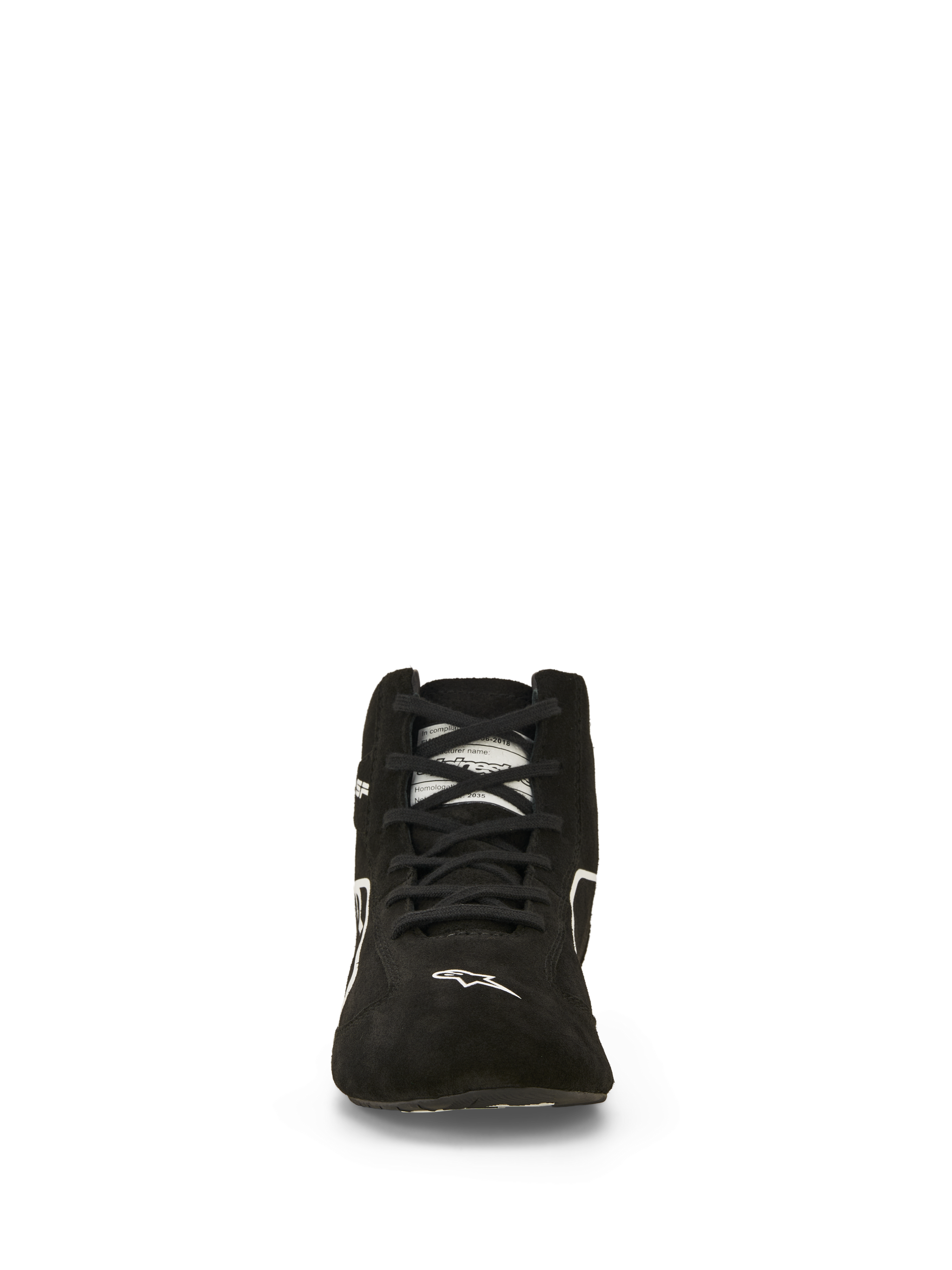 Alpinestars SP V3 Shoes FIA, Auto Racing Shoes, Black and White, front view, premium suede upper with black laces, white Alpinestars logo on the toe, fire-resistant professional motorsport footwear