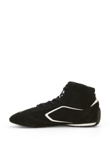 Alpinestars SP V3 Shoes FIA, Auto Racing Shoes, Black and White, side profile view, premium suede upper with white graphic accents, high-top design, thin racing-spec rubber sole for enhanced pedal feel