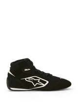 Alpinestars SP V3 Shoes FIA, Auto Racing Shoes, Black and White, side profile showing premium suede upper with large white Alpinestars logo, high-top design, "SP" branding near the ankle, and a thin racing-spec sole with white trim.