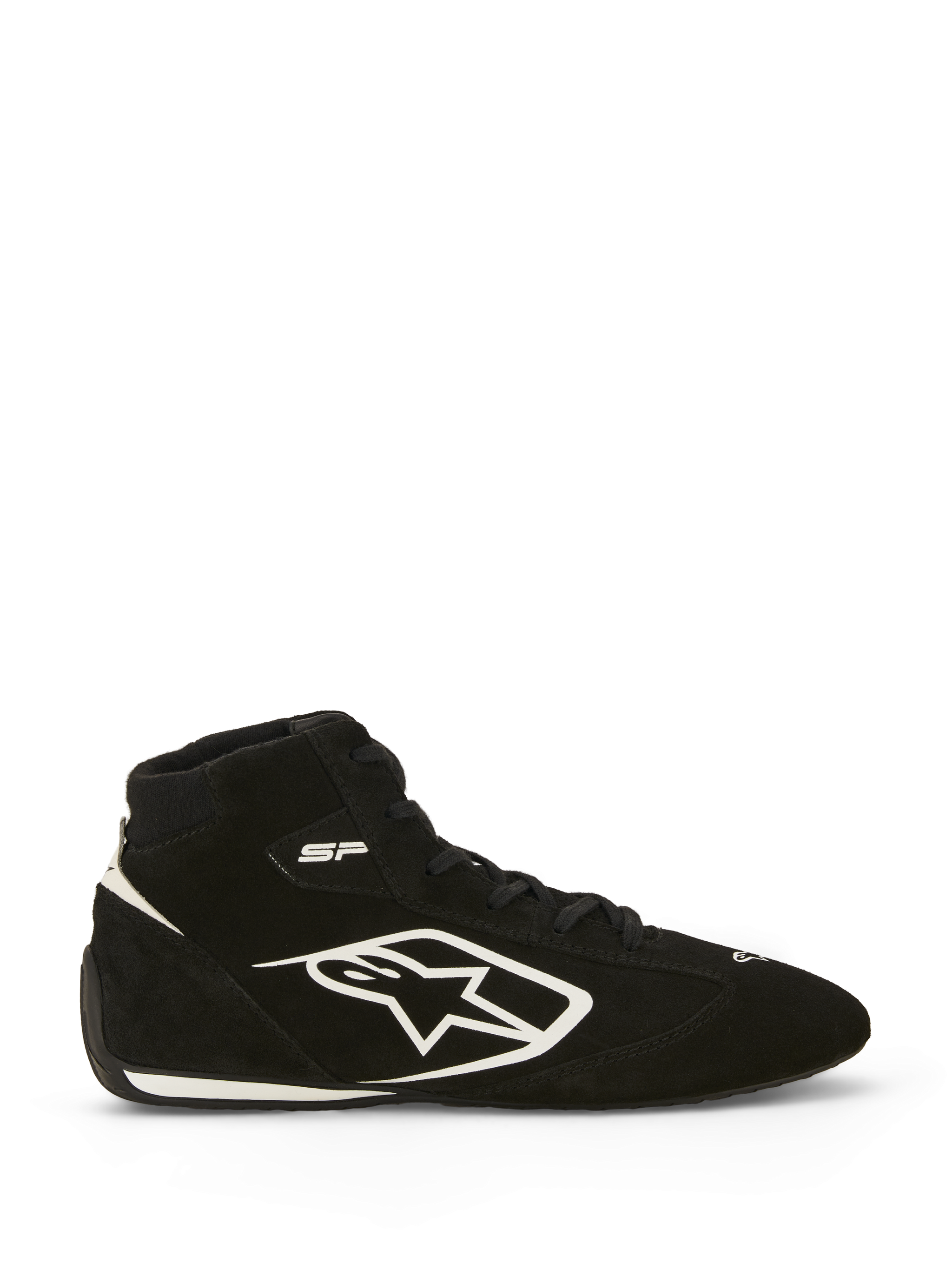 Alpinestars SP V3 Shoes FIA, Auto Racing Shoes, Black and White, side profile showing premium suede upper with large white Alpinestars logo, high-top design, "SP" branding near the ankle, and a thin racing-spec sole with white trim.