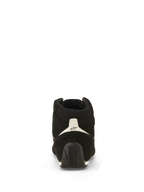 Alpinestars SP V3 Shoes FIA, Auto Racing Shoes, Black and White, rear view featuring suede upper, white heel panel with black logo, and textured rubber sole extending up the heel