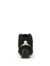 Alpinestars SP V3 Shoes FIA, Auto Racing Shoes, Black and White, rear view featuring suede upper, white heel panel with black logo, and textured rubber sole extending up the heel