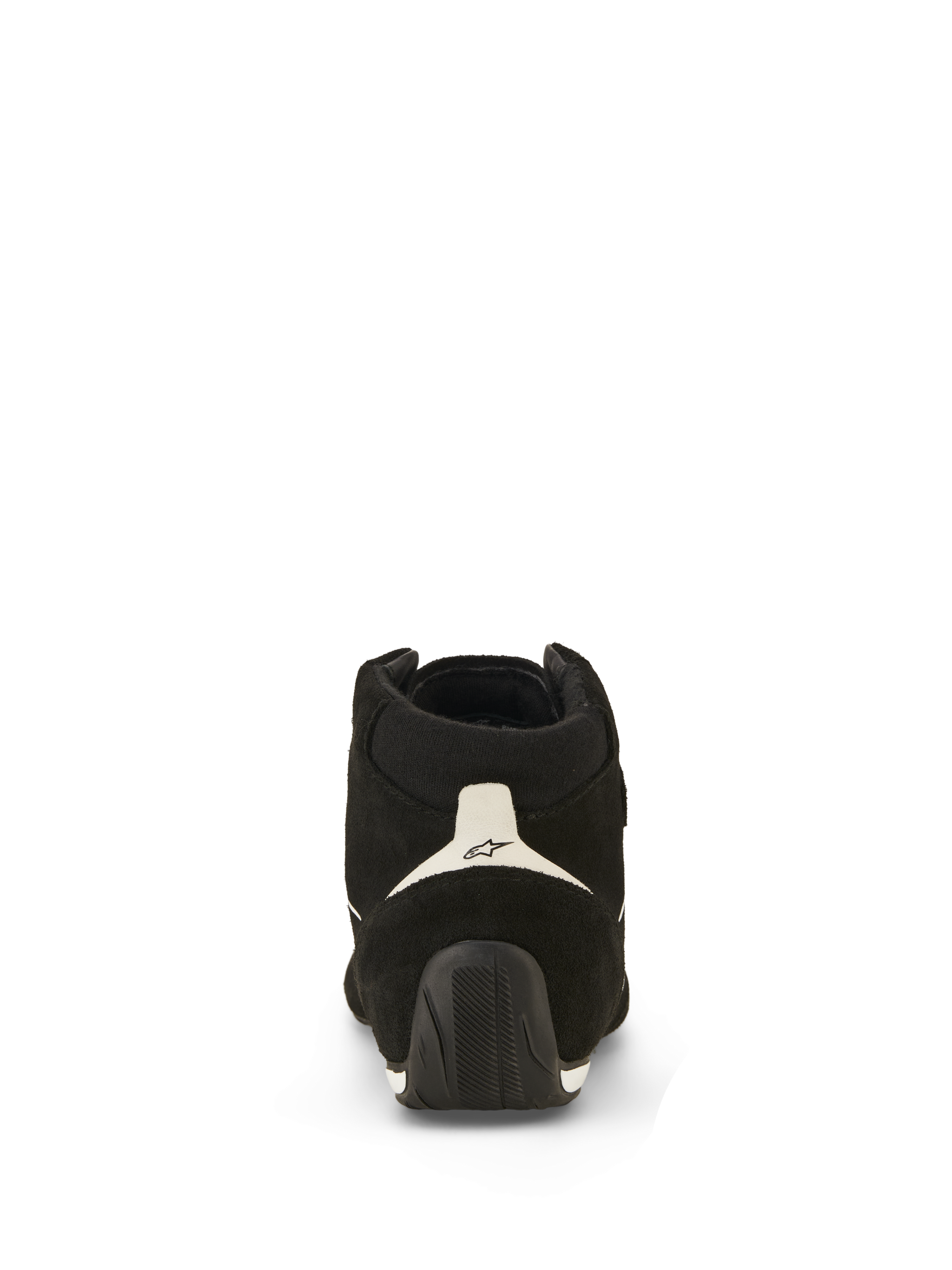 Alpinestars SP V3 Shoes FIA, Auto Racing Shoes, Black and White, rear view featuring suede upper, white heel panel with black logo, and textured rubber sole extending up the heel