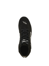 Alpinestars SP V3 Shoes FIA, Auto Racing Shoes, Black and White, top-down view of premium suede upper, featuring black laces and white Astars logo on the toe, professional fire-resistant motorsport footwear