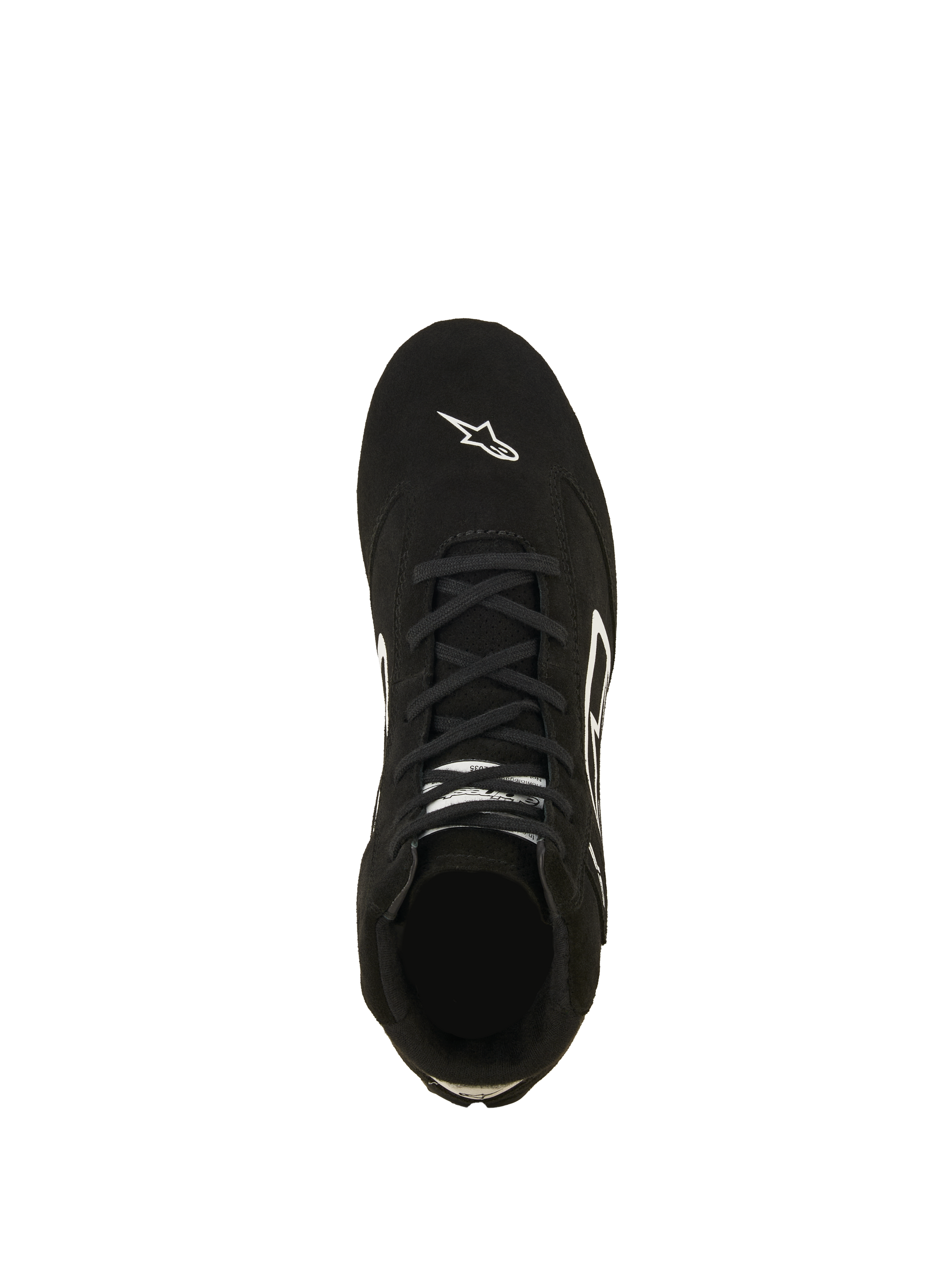 Alpinestars SP V3 Shoes FIA, Auto Racing Shoes, Black and White, top-down view of premium suede upper, featuring black laces and white Astars logo on the toe, professional fire-resistant motorsport footwear
