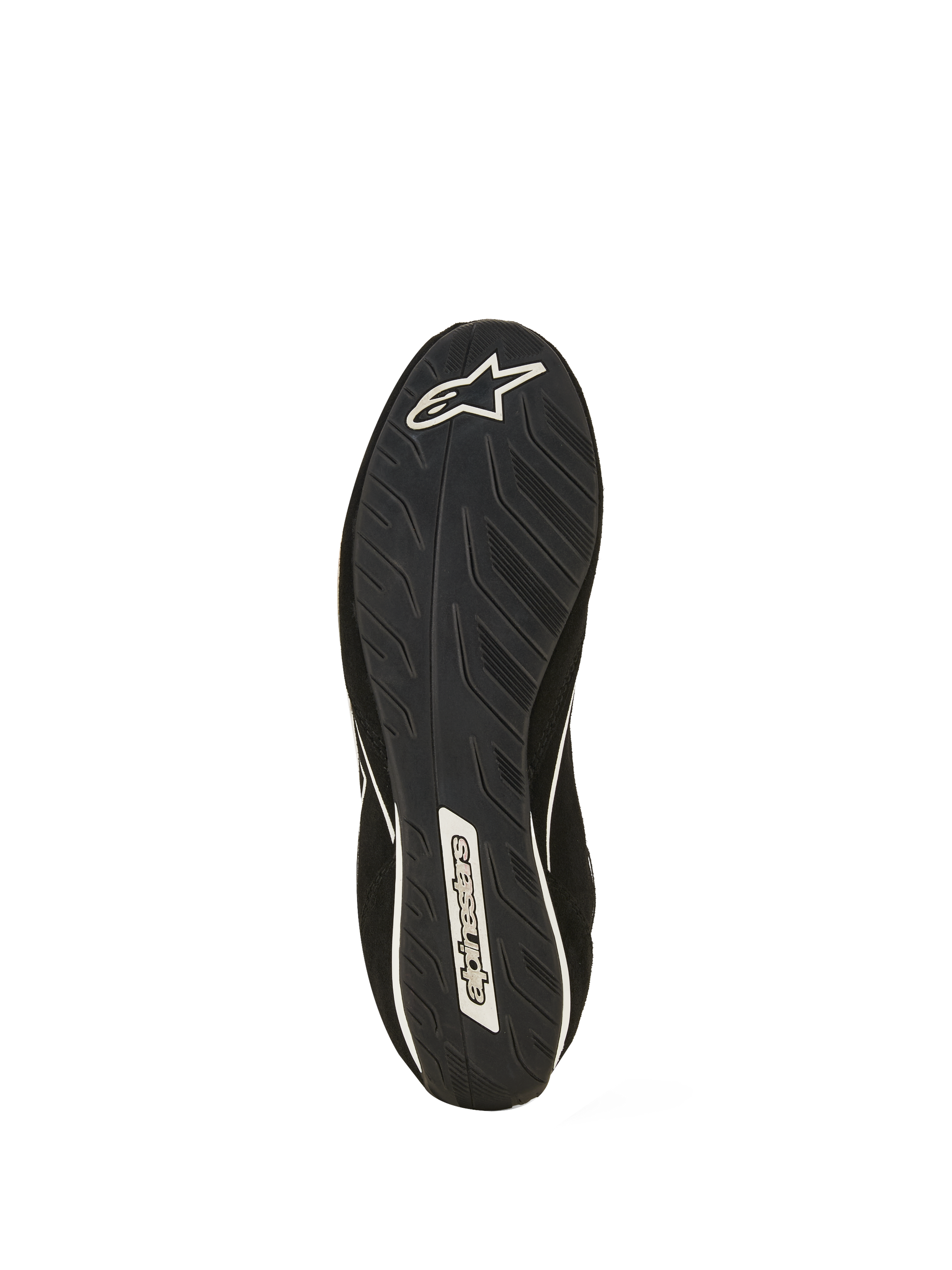 Alpinestars SP V3 Shoes FIA, Black racing shoe sole view, featuring exclusive rubber compound with line-textured grip for pedal feel, white Alpinestars star logo at the heel and wordmark at the arch